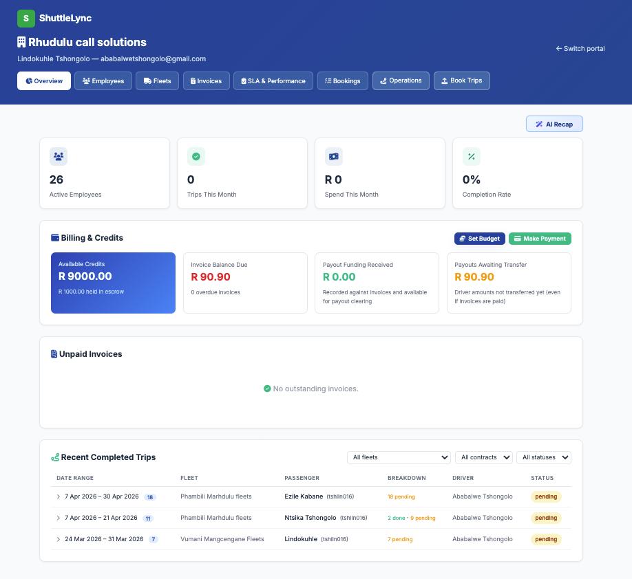 ShuttleLync corporate portal showing contracts, bulk bookings and SLA reporting