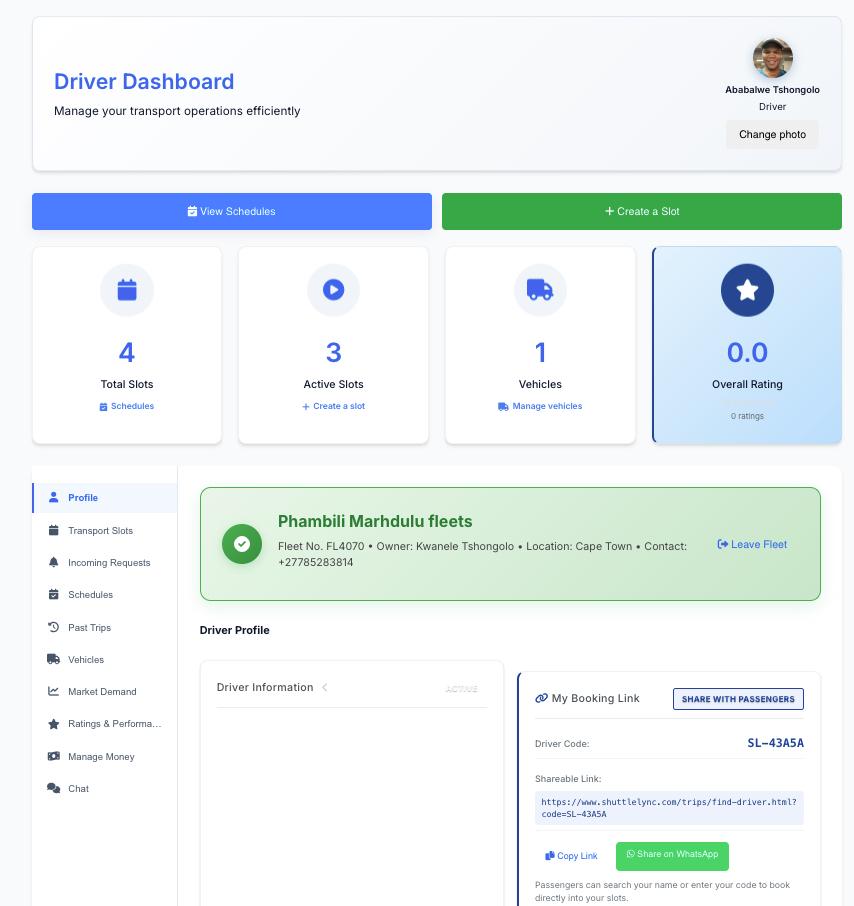 ShuttleLync driver dashboard showing slots, schedules, vehicles and ratings