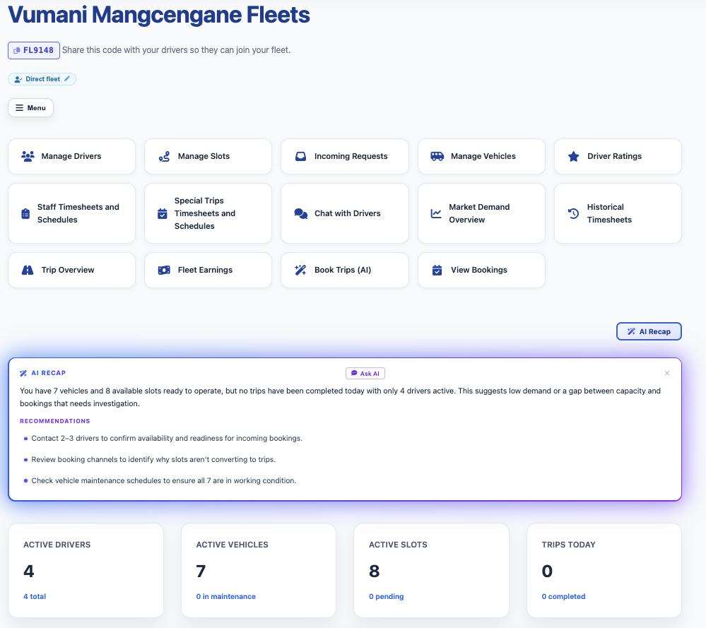 ShuttleLync fleet dashboard showing drivers, slots, an AI recap and live operating stats