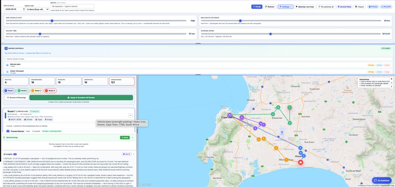 ShuttleLync route optimizer map showing vehicles, assigned stops and sequenced routes